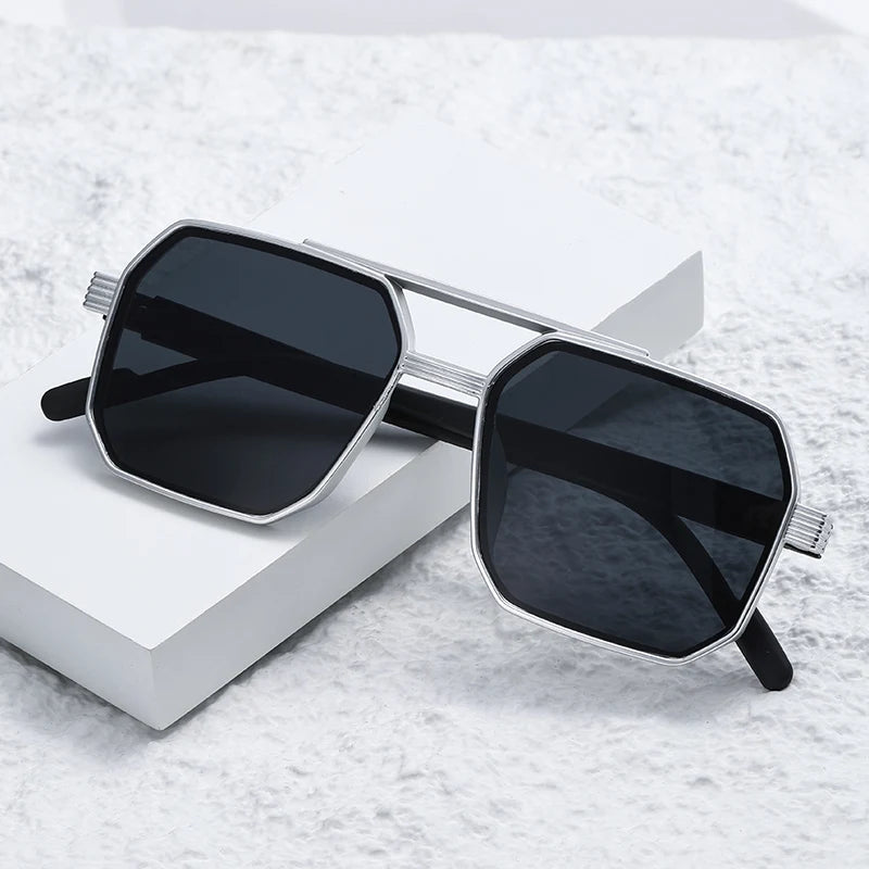 Car Sun Glasses New Fashion Double Beam Polygonal Sunglasses Retro Personalized Trendy Large Frame Eyewear European and American
