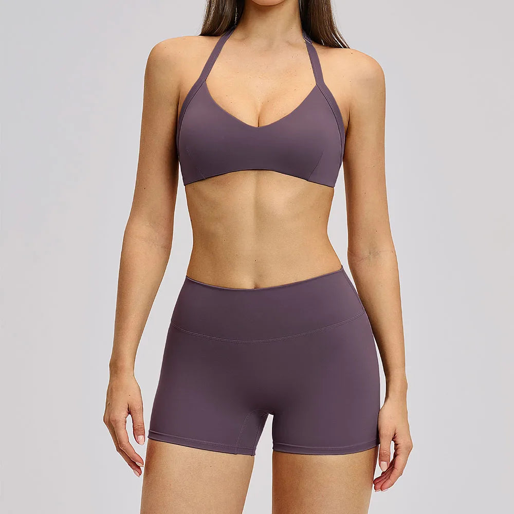 Women's Yoga Suit Breathable Quick-drying Gym Push Up Sports Set Shockproof Bra Hip Litting Leggings Shorts 2-piece Sports Set