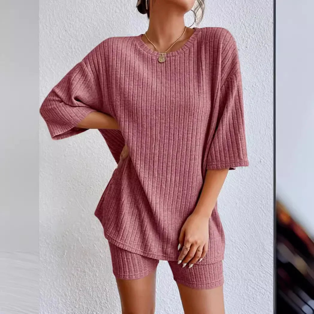 Fashionable Knitted Loose Casual Round Neck Summer Shorts Top Set Women'S Clothing Comfortable Breathable Solid Color Shorts Set