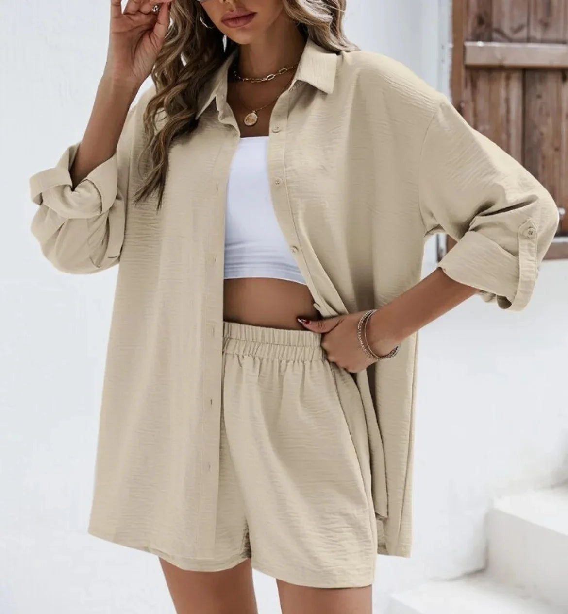 Fashionable Casual Suit Women's Clothing 2023 Spring Solid Color Lapel Long Sleeve Shirt High-Waisted Shorts Elastic Waist Skirt