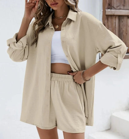 Fashionable Casual Suit Women's Clothing 2023 Spring Solid Color Lapel Long Sleeve Shirt High-Waisted Shorts Elastic Waist Skirt