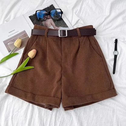 Retro Corduroy High Waist Short Pants Women's Autumn Winter Slim Wide Leg Pants Small Size Design Sense Cuffed Fashion Boot Pant