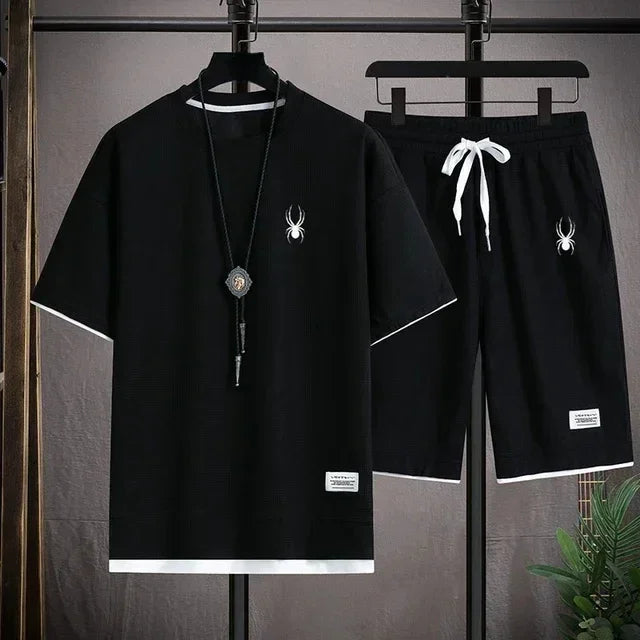 New Waffle Summer Casual T-shirt Shorts Set Men's Sportswear Youth Loose Set