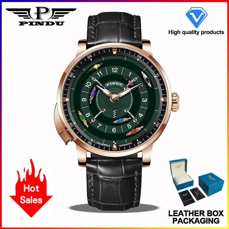 PINDU New Horse Racing Series Men Mechanical Watch NH35 Movement Horse Racing Wheel Game Design Sapphire 50m Waterproof Watch