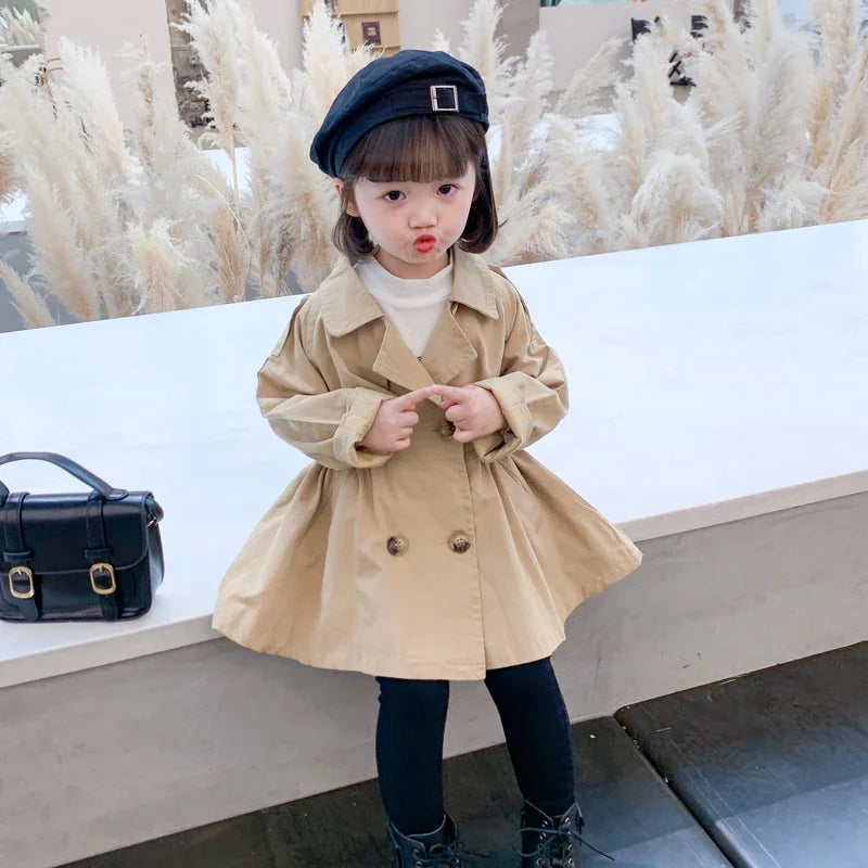 England Style Spring Autumn Cotton Girl Toddler Trench kids Windbreaker Fashion Little Girl Double Breasted Jacket Outfits