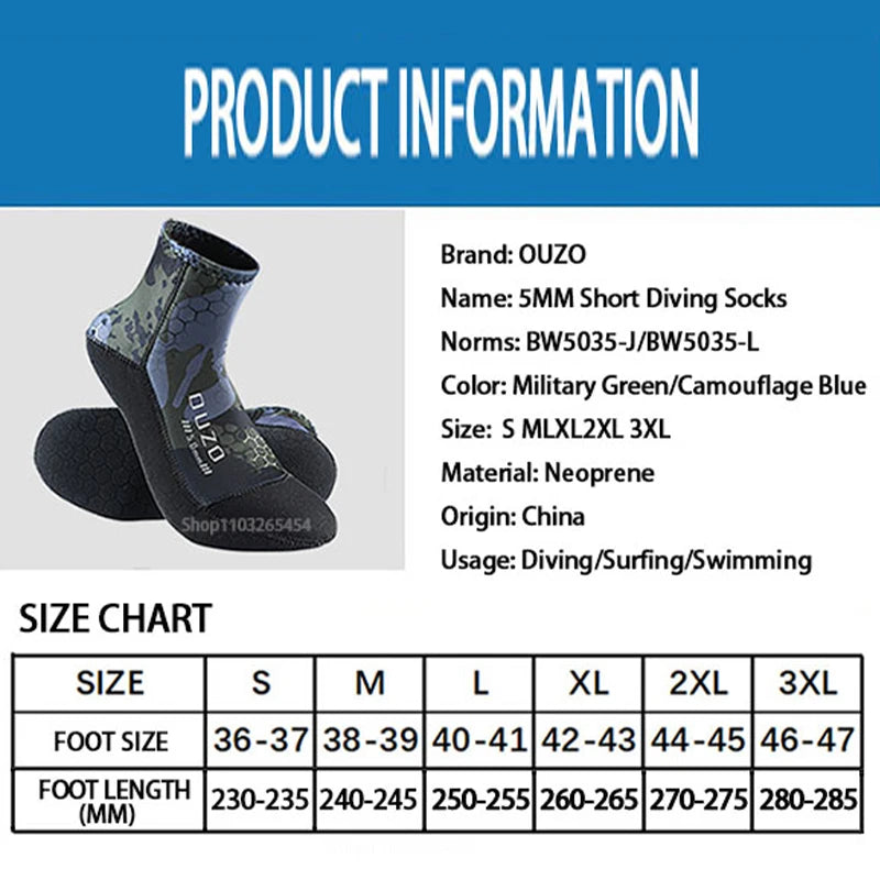 5mm Neoprene Diving Socks Summer Diving Sport Socks Surf Beach Booties Anti-Slip Swimming Fin Sand Proof Ice Bath Warm Socks