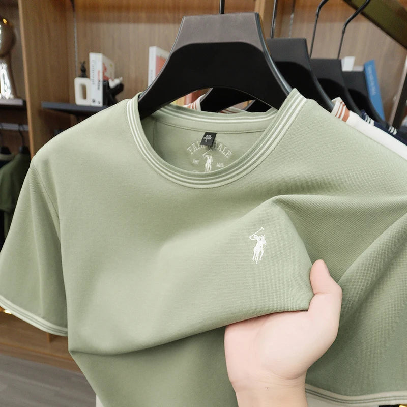 Summer New Cotton Men's Light Luxury Embroidered Versatile Round Neck Loose Short Sleeved Top