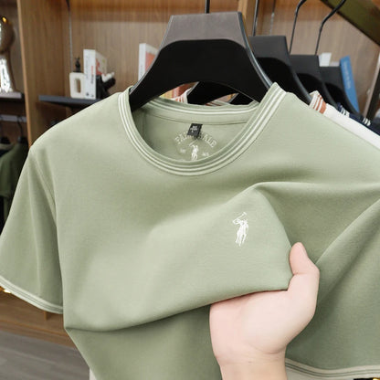 Summer New Cotton Men's Light Luxury Embroidered Versatile Round Neck Loose Short Sleeved Top