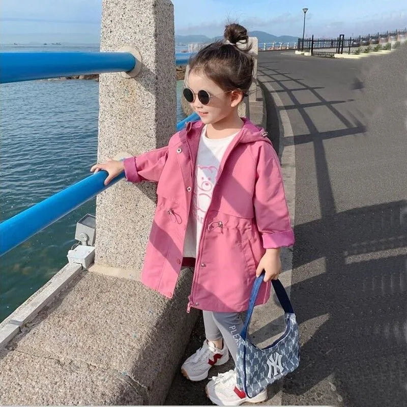 2025 Hot Selling Spring Autumn Girls Coat Long Style Waist Retractable Hoodies Windbreaker Jacket For 3-12 Years Old Kids