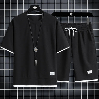2025 New Summer Men's Waffle Set Casual T-shirt and Shorts Set Men's Sports Set Solid Color Sports Set Loose Set