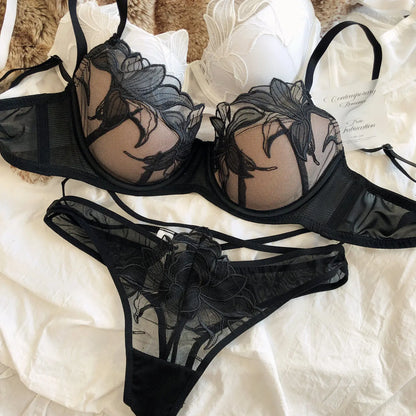 Sexy Women Lace Flowers Embroidery Underwear French Thin Cup Push Up Bra Set Hollow Temptation Waist Bandage Thongs Lingerie Set
