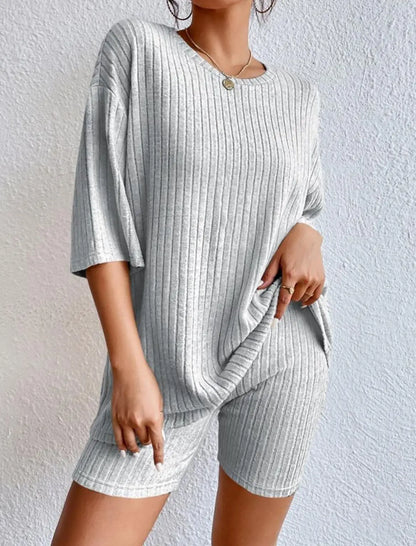 Fashionable Knitted Loose Casual Round Neck Summer Shorts Top Set Women'S Clothing Comfortable Breathable Solid Color Shorts Set