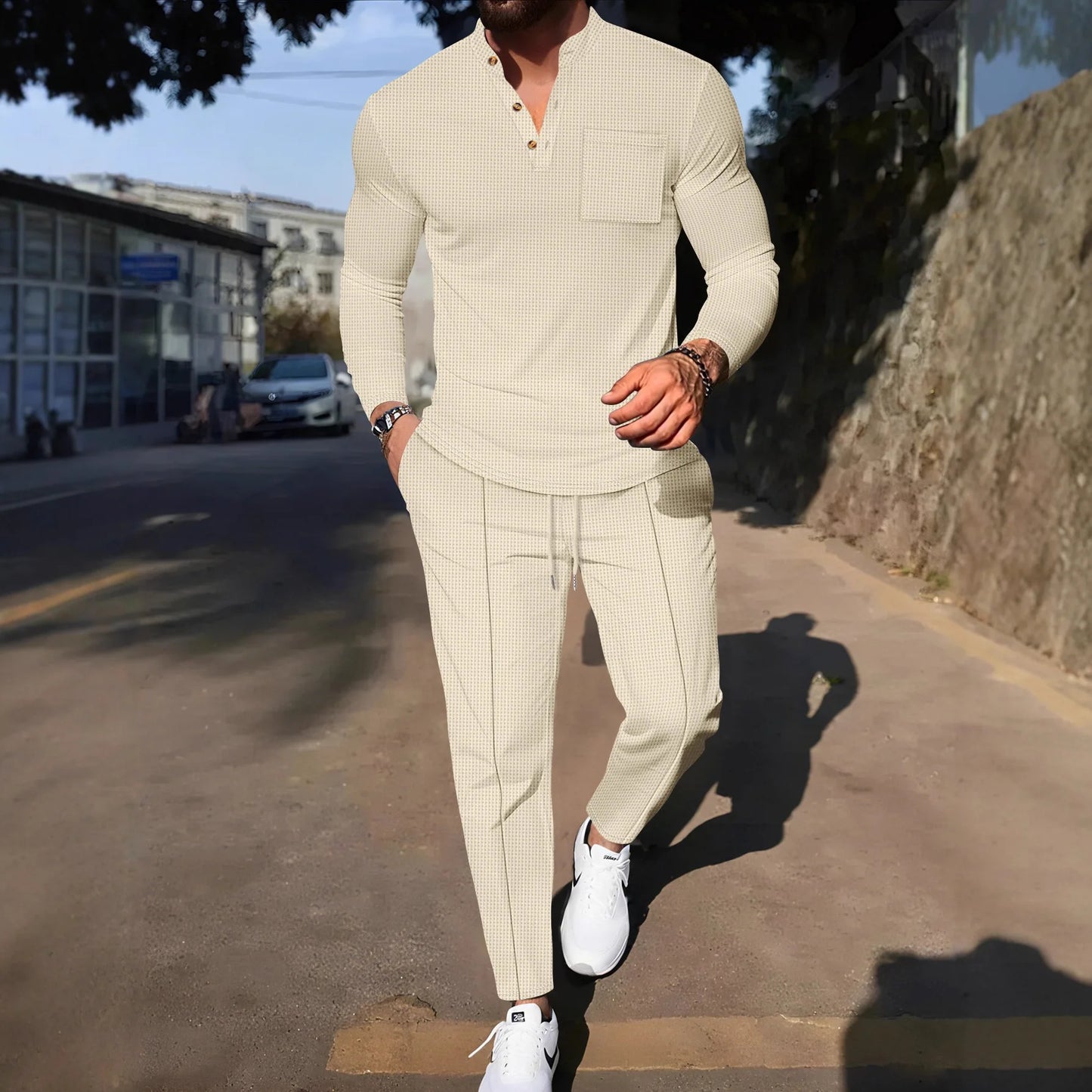 Men's Waffle Check Stand-Up Collar Semi-Casual Business Suit Button-Down Top with Comfortable Trousers have 1Pcs and 2Pcs Set