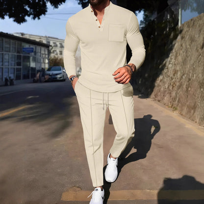 Men's Waffle Check Stand-Up Collar Semi-Casual Business Suit Button-Down Top with Comfortable Trousers have 1Pcs and 2Pcs Set