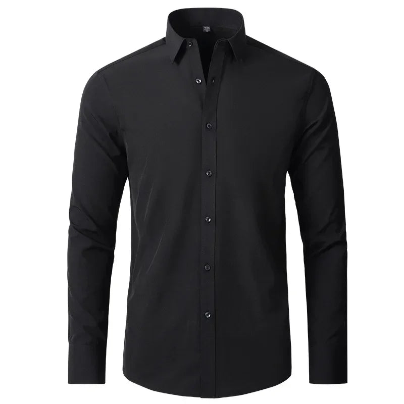 Men's long sleeved shirt, elastic, non ironing, wrinkle resistant, minimalist, business casual, silky, and traceless white shirt
