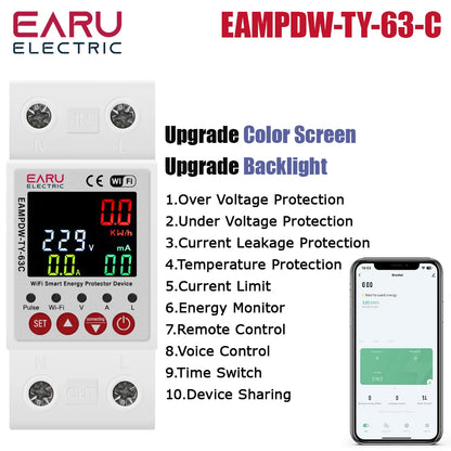 Tuya WiFi Smart Energy Meter Power kWh Meter Earth Leakage Over Under Voltage Protector Time Relay Device Switch Circuit Breaker