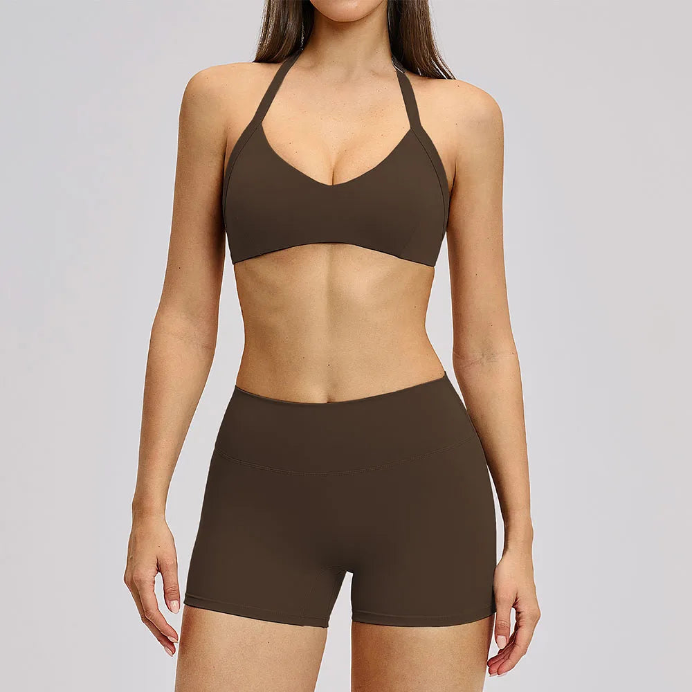 Women's Yoga Suit Breathable Quick-drying Gym Push Up Sports Set Shockproof Bra Hip Litting Leggings Shorts 2-piece Sports Set