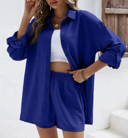 Fashionable Casual Suit Women's Clothing 2023 Spring Solid Color Lapel Long Sleeve Shirt High-Waisted Shorts Elastic Waist Skirt