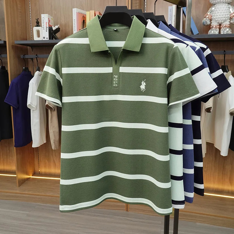 New Summer High-end Men's Embroidered Cotton Polo Shirt, Striped Lapel Short Sleeve, Young Casual Versatile Base T-shirt Tops