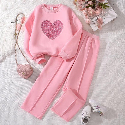 Children‘s Autumn Winter Warm Clothes Sets For Girls Solid Color Heart Print Top And Pants Daily Causal Sports Loose Lounge Wear