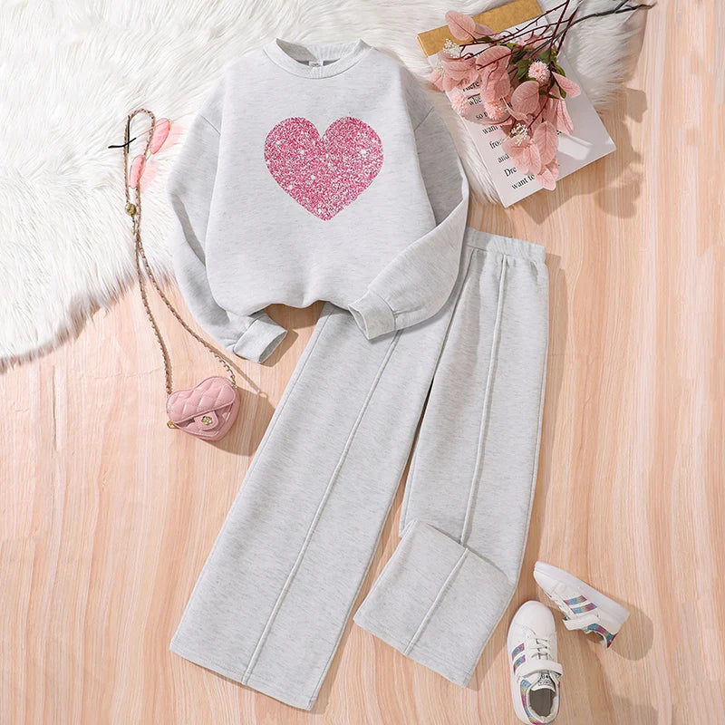 Children‘s Autumn Winter Warm Clothes Sets For Girls Solid Color Heart Print Top And Pants Daily Causal Sports Loose Lounge Wear