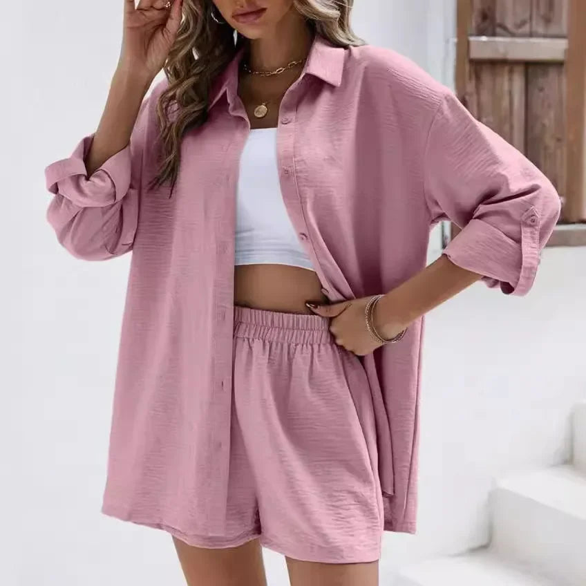Fashionable Casual Suit Women's Clothing 2023 Spring Solid Color Lapel Long Sleeve Shirt High-Waisted Shorts Elastic Waist Skirt