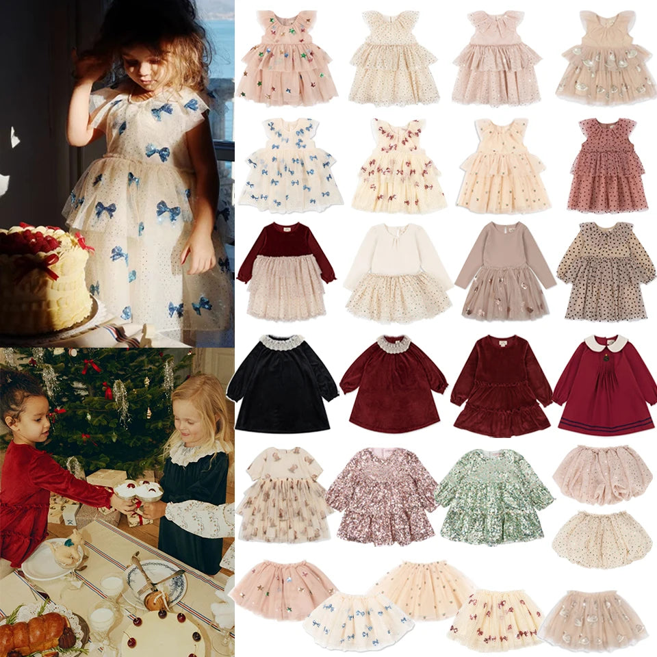 2024 Christmas KS Girls Princess Mesh Dress Kids Pretty Sequin Dresses Baby Cute Skirt Carnival Party Children Voile Dress Gifts