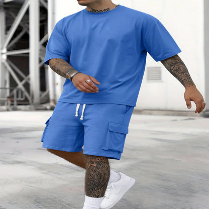 New Summer Style Fashion T-shirt and Utility Shorts Solid Color Set, a Casual and Sporty Men's Suit