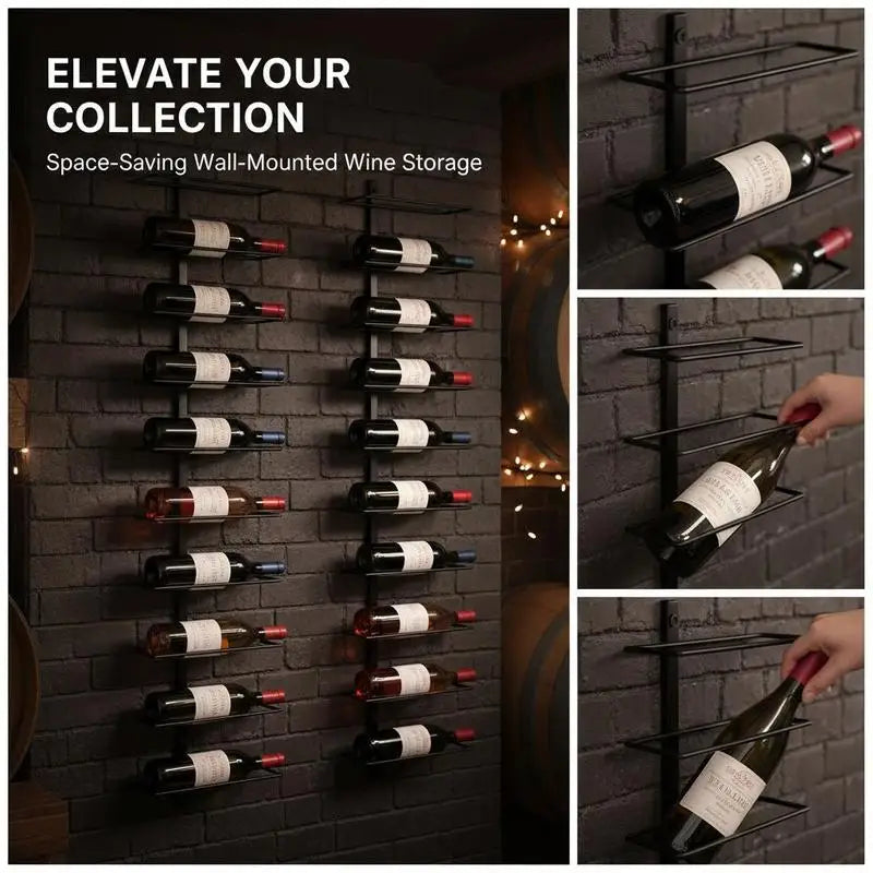 Set of 2 Black Metal Wall Mounted Wine Racks, Holds 20 Bottles, Wine Holder with Mounting Accessories Included