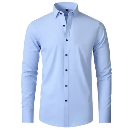 Men's long sleeved shirt, elastic, non ironing, wrinkle resistant, minimalist, business casual, silky, and traceless white shirt