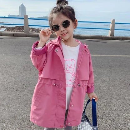 2025 Hot Selling Spring Autumn Girls Coat Long Style Waist Retractable Hoodies Windbreaker Jacket For 3-12 Years Old Kids