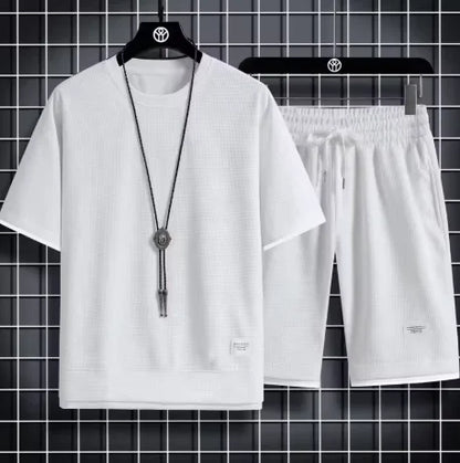 Men's Summer Waffle Set Brand Fashion Casual T-shirt Shorts Set Men's Sports Set Loose ComfortableSlow Running Quick Sports Suit