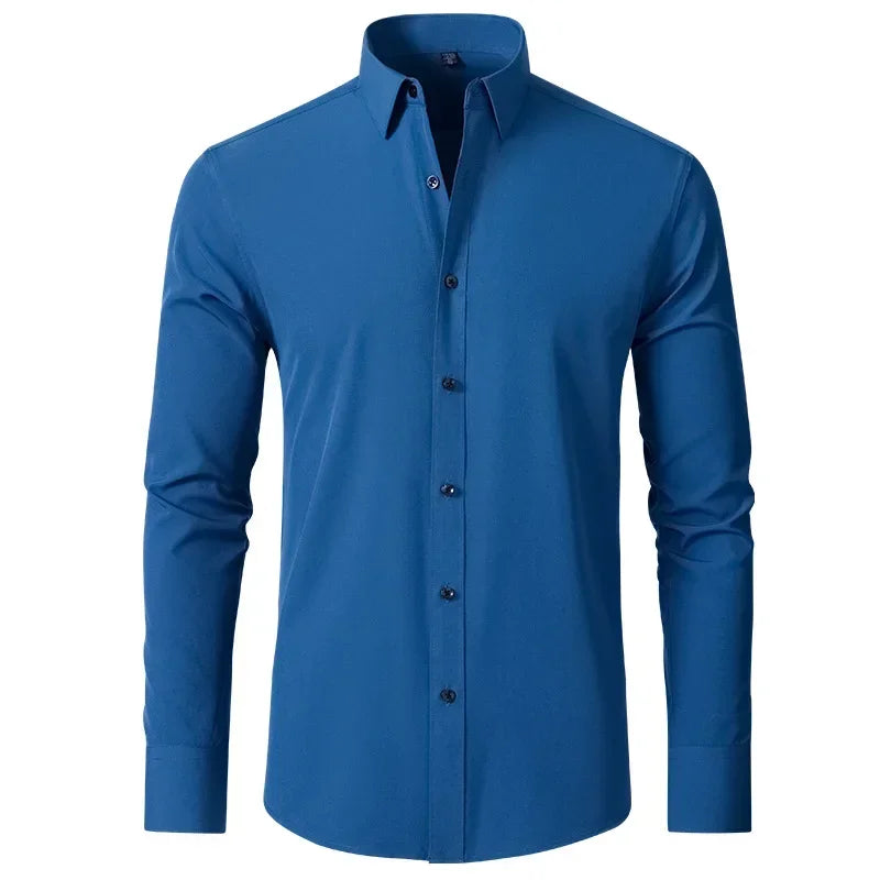 Men's long sleeved shirt, elastic, non ironing, wrinkle resistant, minimalist, business casual, silky, and traceless white shirt