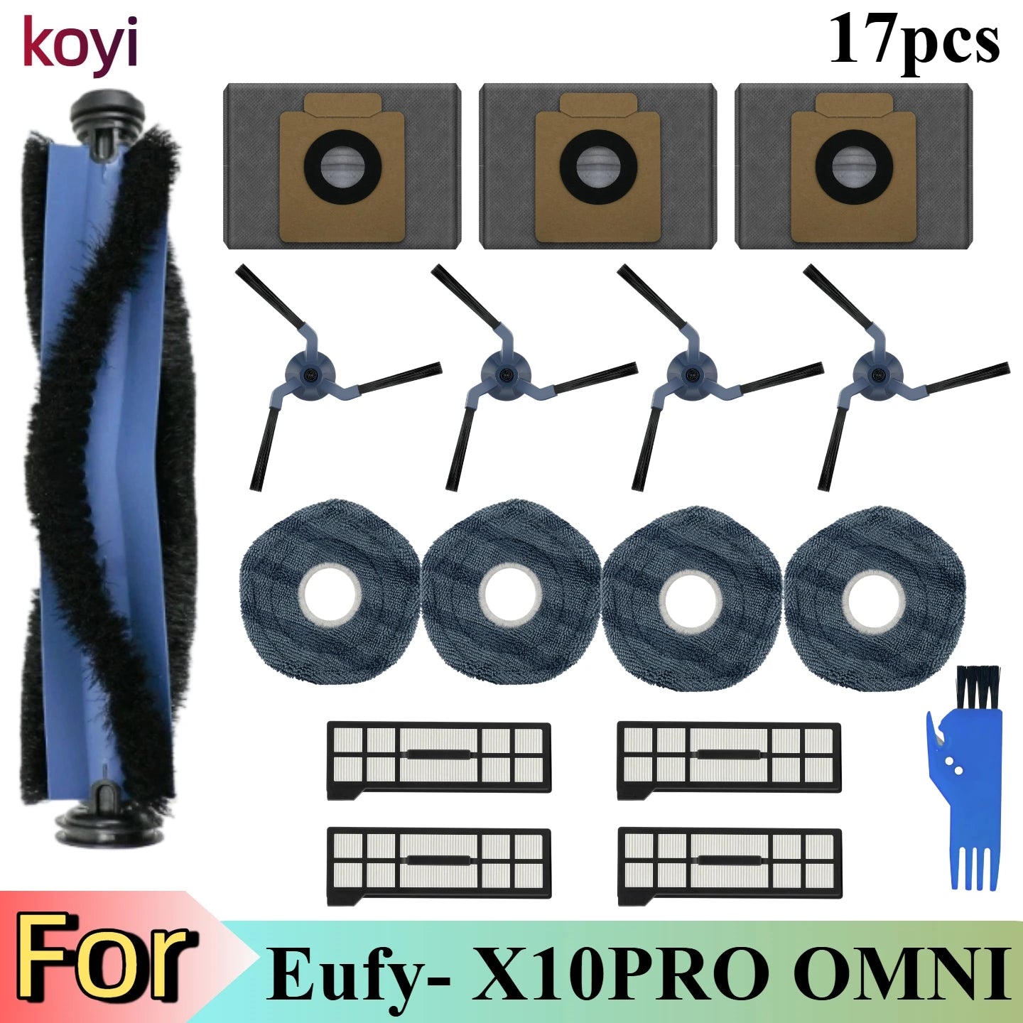 Replacement Parts Kit for Eufy X10 Pro Omni Robot Vacuum Accessories, Main Roller Brush Filters Dust Bags Side Brushes Mop Pads