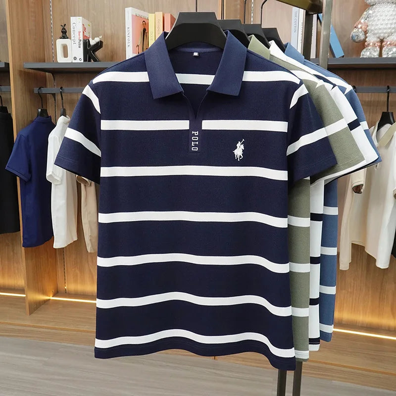 New Summer High-end Men's Embroidered Cotton Polo Shirt, Striped Lapel Short Sleeve, Young Casual Versatile Base T-shirt Tops