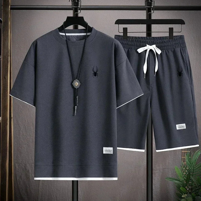 New Waffle Summer Casual T-shirt Shorts Set Men's Sportswear Youth Loose Set