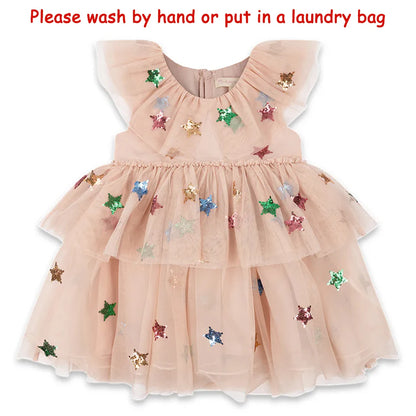 2024 Christmas KS Girls Princess Mesh Dress Kids Pretty Sequin Dresses Baby Cute Skirt Carnival Party Children Voile Dress Gifts