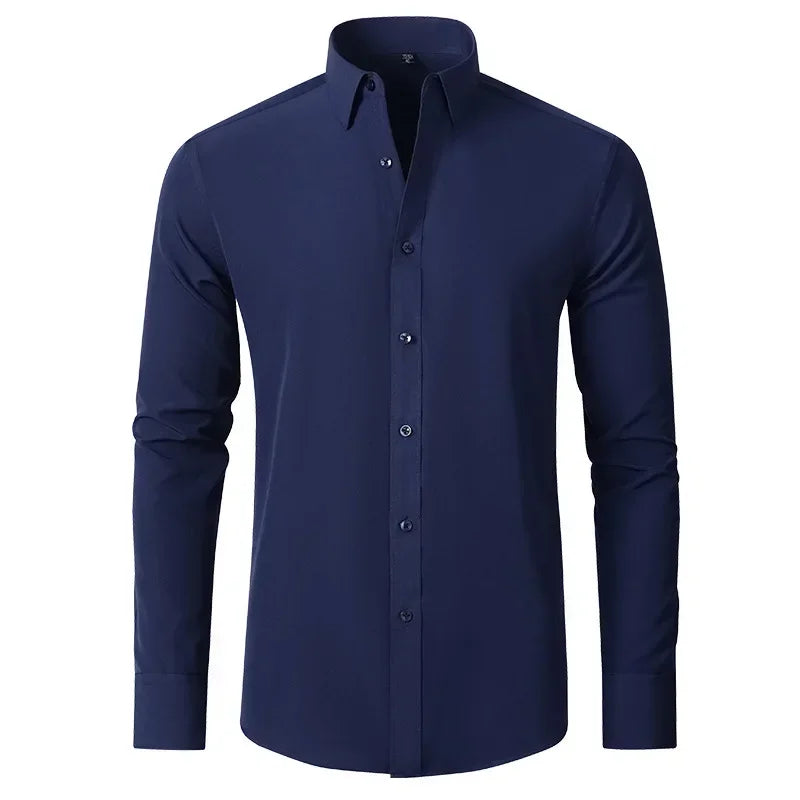 Men's long sleeved shirt, elastic, non ironing, wrinkle resistant, minimalist, business casual, silky, and traceless white shirt