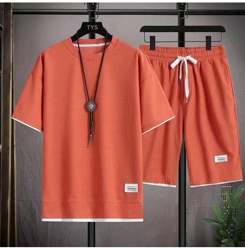 2025 New Summer Men's Waffle Set Casual T-shirt and Shorts Set Men's Sports Set Solid Color Sports Set Loose Set