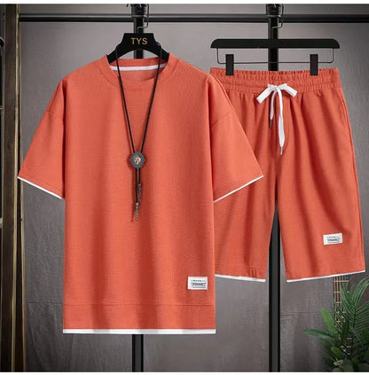 2025 New Summer Men's Waffle Set Casual T-shirt and Shorts Set Men's Sports Set Solid Color Sports Set Loose Set