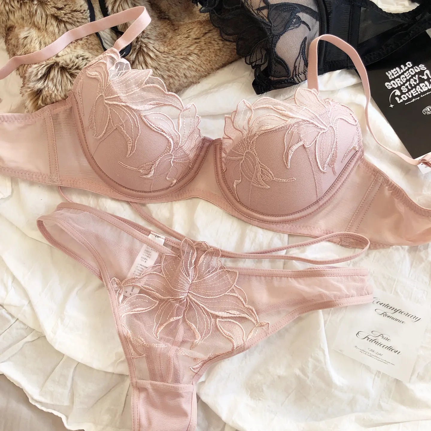Sexy Women Lace Flowers Embroidery Underwear French Thin Cup Push Up Bra Set Hollow Temptation Waist Bandage Thongs Lingerie Set