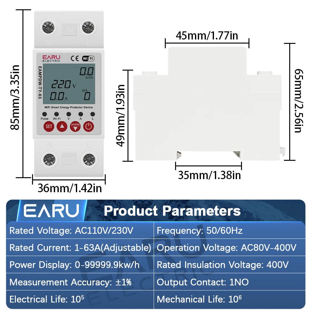 Tuya WiFi Smart Energy Meter Power kWh Meter Earth Leakage Over Under Voltage Protector Time Relay Device Switch Circuit Breaker