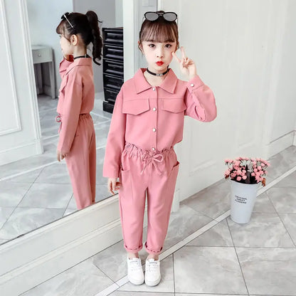 Children's Suits Spring Autumn Wear Girls Long Sleeved Tops + Trousers Kids 2 Suits Big Children Sport Sets Solid Color 12 Years