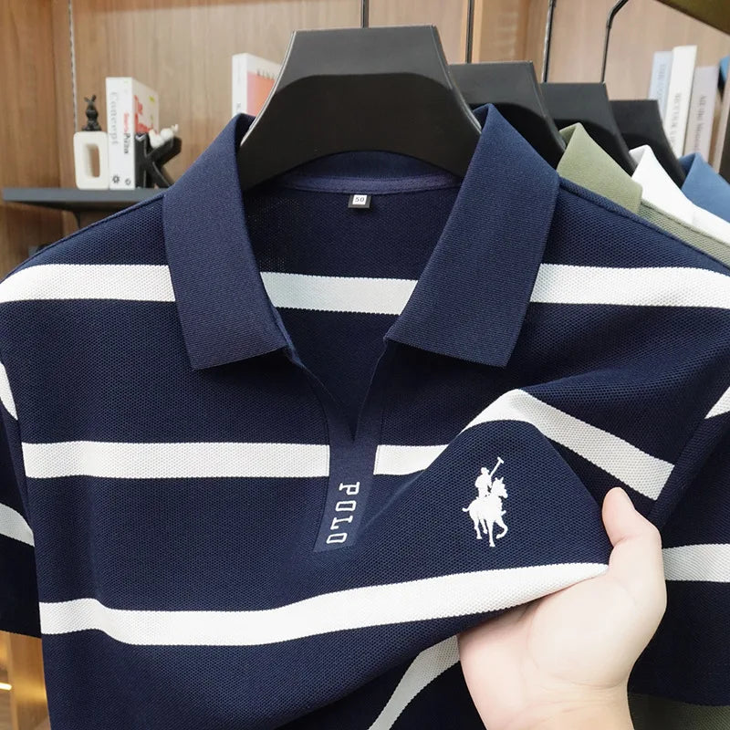 New Summer High-end Men's Embroidered Cotton Polo Shirt, Striped Lapel Short Sleeve, Young Casual Versatile Base T-shirt Tops