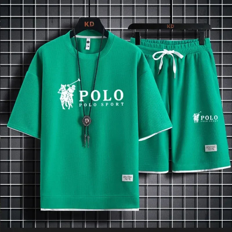Men's two-piece short sleeved T-shirt and sports shorts summer fashion breathable casual waffle set