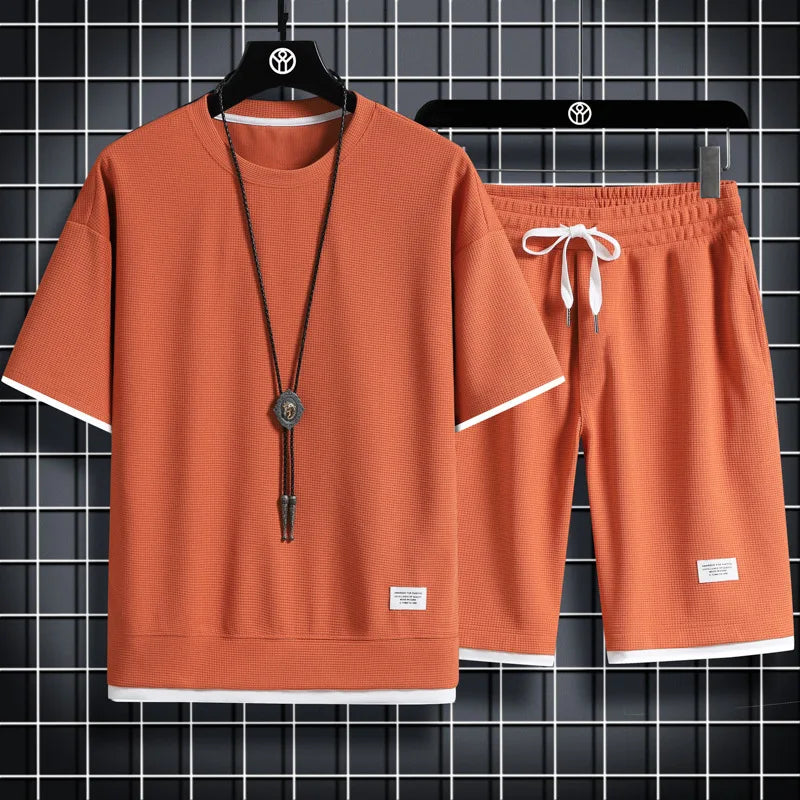 2025 New Summer Men's Waffle Set Casual T-shirt and Shorts Set Men's Sports Set Solid Color Sports Set Loose Set