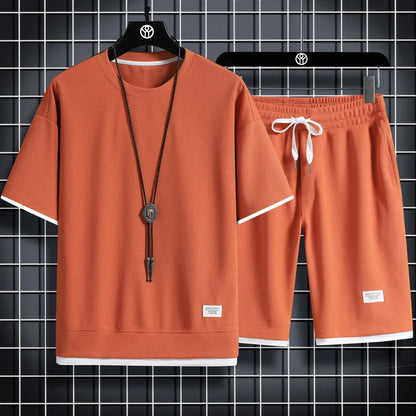 2025 New Summer Men's Waffle Set Casual T-shirt and Shorts Set Men's Sports Set Solid Color Sports Set Loose Set