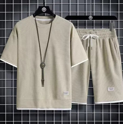 Men's Summer Waffle Set Brand Fashion Casual T-shirt Shorts Set Men's Sports Set Loose ComfortableSlow Running Quick Sports Suit