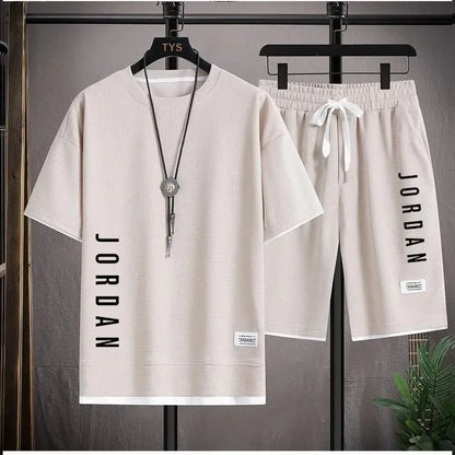 New Waffle Summer Casual T-shirt Shorts Set Men's Sportswear Youth Loose Set