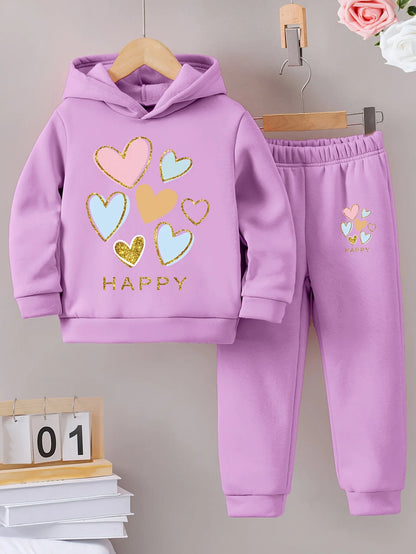 Fall/Winter new casual comfort warm girl's print warm lining hoodie and sweatpants set